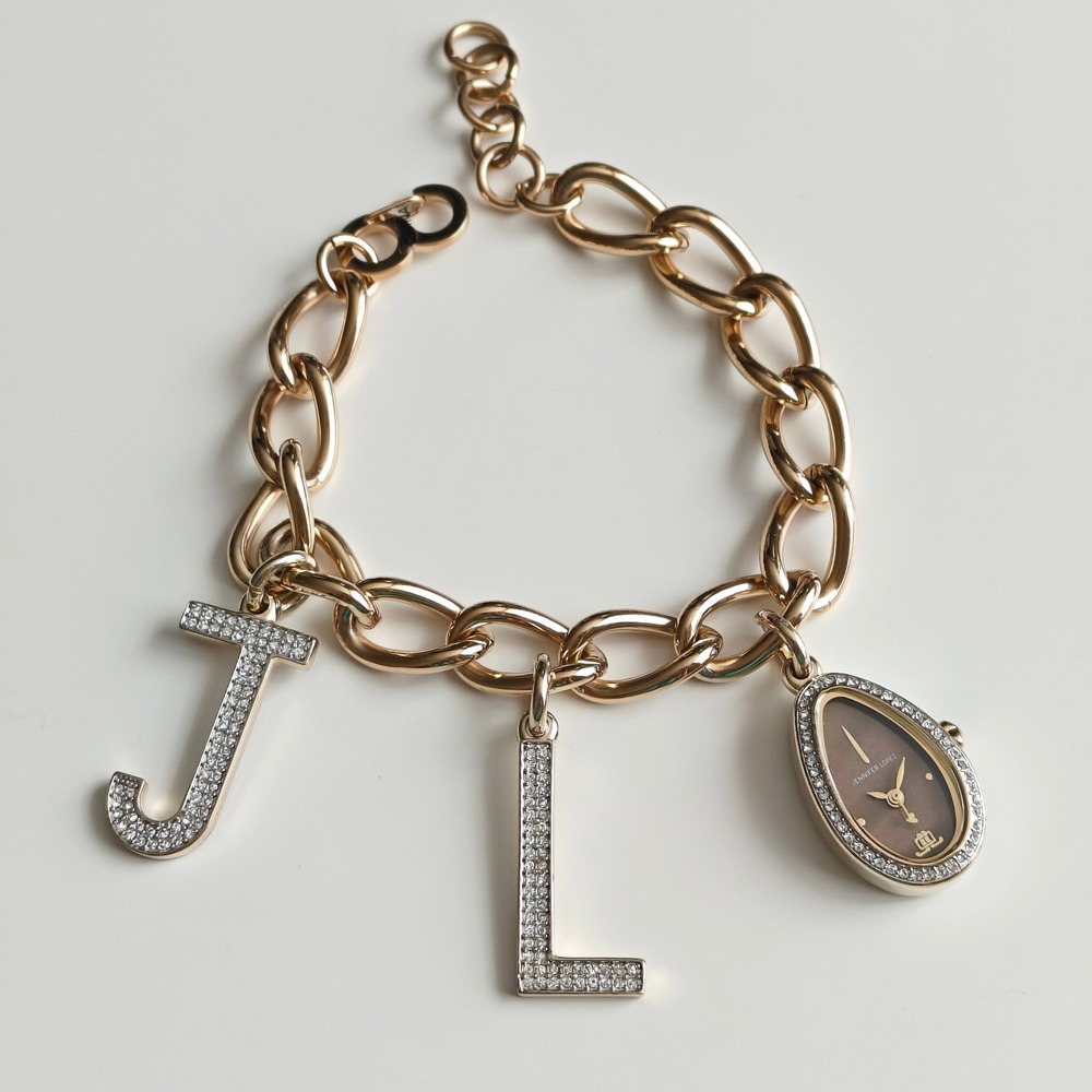 Jennifer Lopez JLO Gold Crystal Charm Bracelet Teardrop Watch Y2K Chain Link